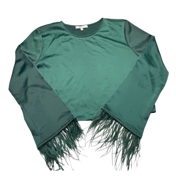 WAYF Merci Feather Trimmed Long Sleeve Cropped Top Women's Small Green Feather - Picture 1 of 8